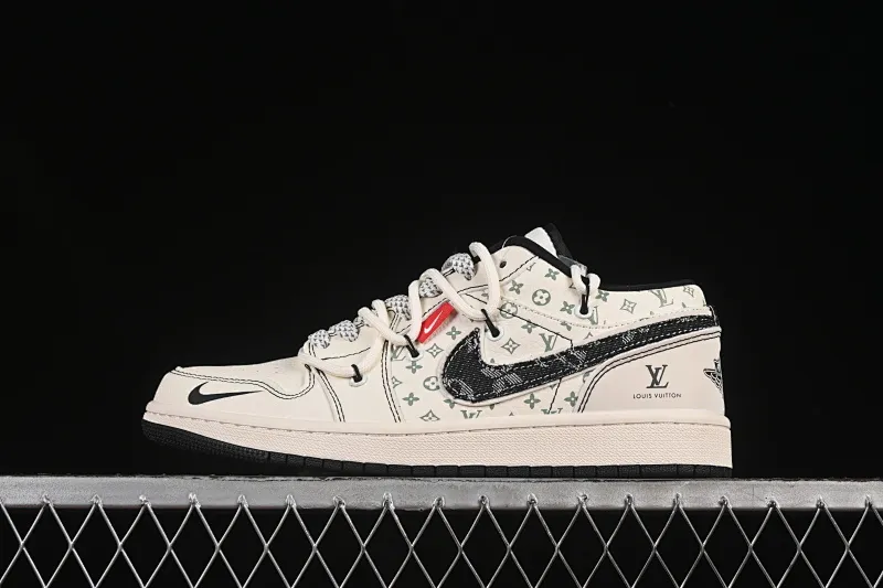 All categories Air Jordan Jordan series basketball shoes Air Jordan 1 Low High-end customized low-top sneakers Air Jordan 1 Low AJ1 Joe 1 LV joint black cloth hook drawstring High-end customized low-top retro basketball shoes YX5066-356